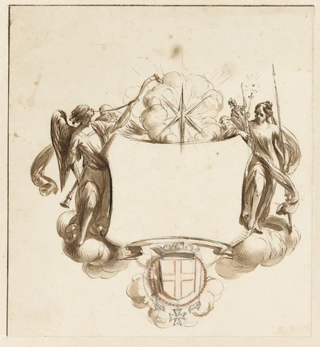 Cartouche met Fama en de Goddelijke en Menselijke Wijsheid by Nicolaes Pietersz Berchem, drawing, 1670-1677