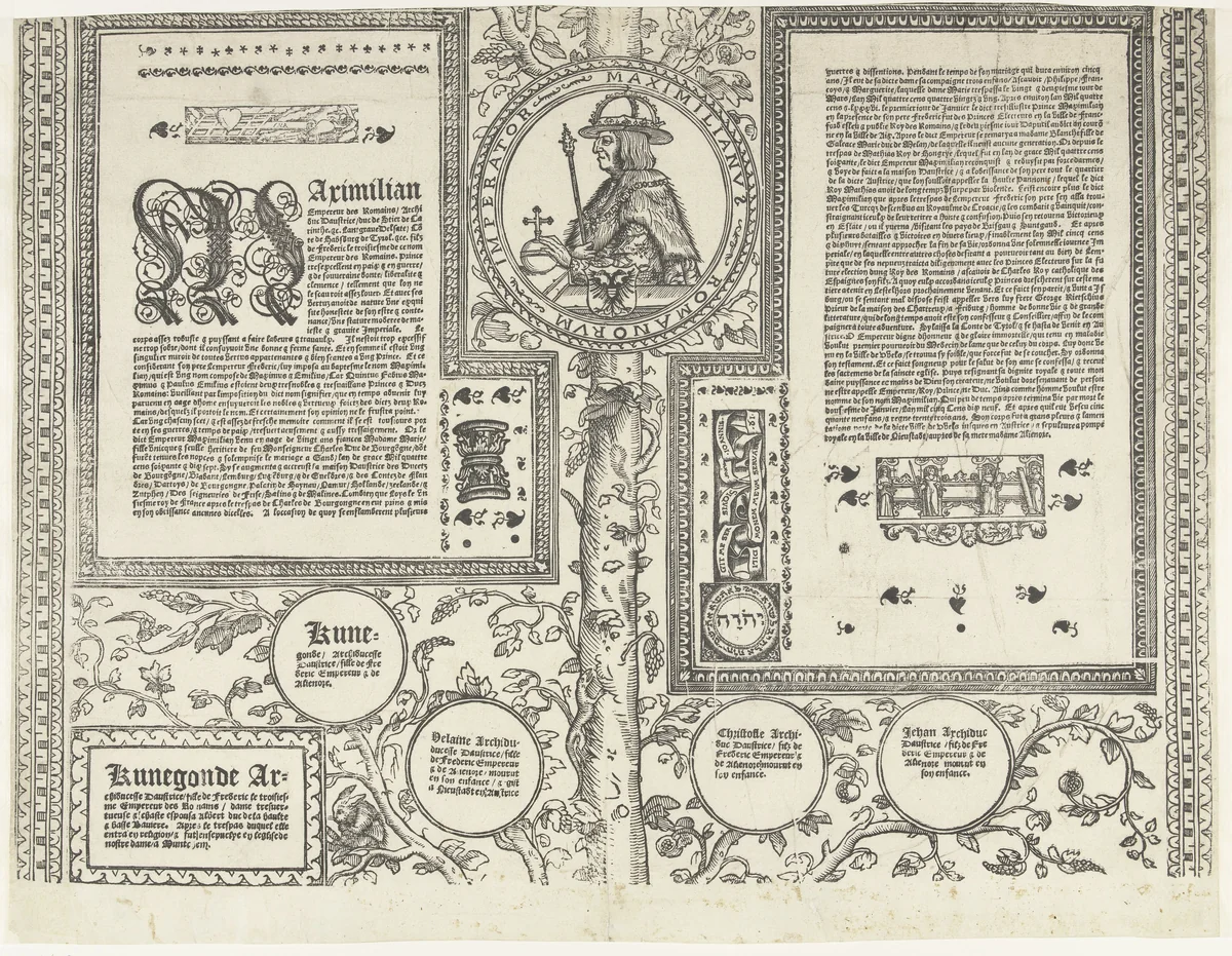 Stamboom van het Habsburgse huis, blad vijftien by Robert Péril, print, 1533-1535