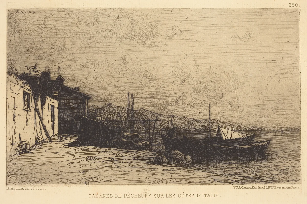 Cabanes de pecheurs sur les cotes d'Italie by Adolphe Appian, print, 1818-1898