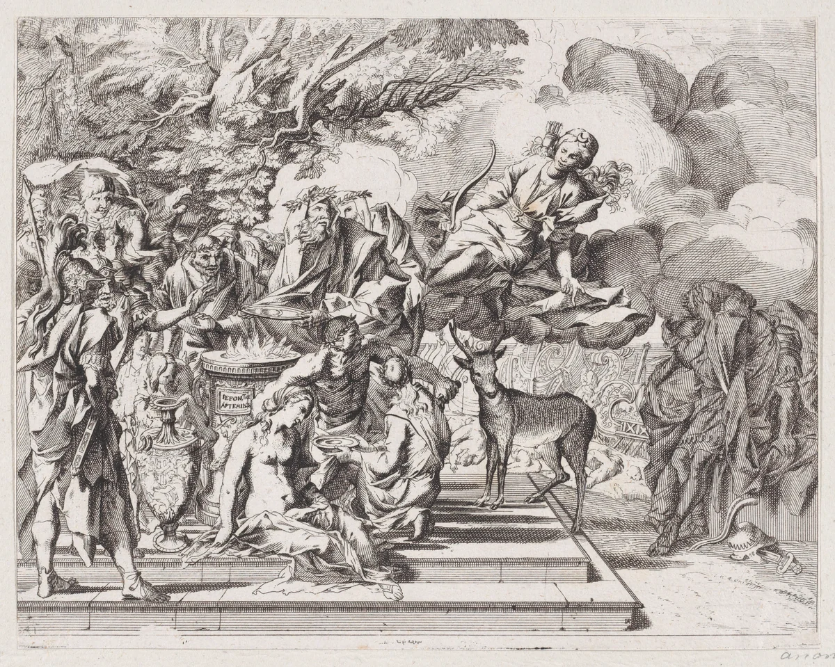 The sacrifice of Iphigenia by Arnold van Westerhout, print, 1650-1700