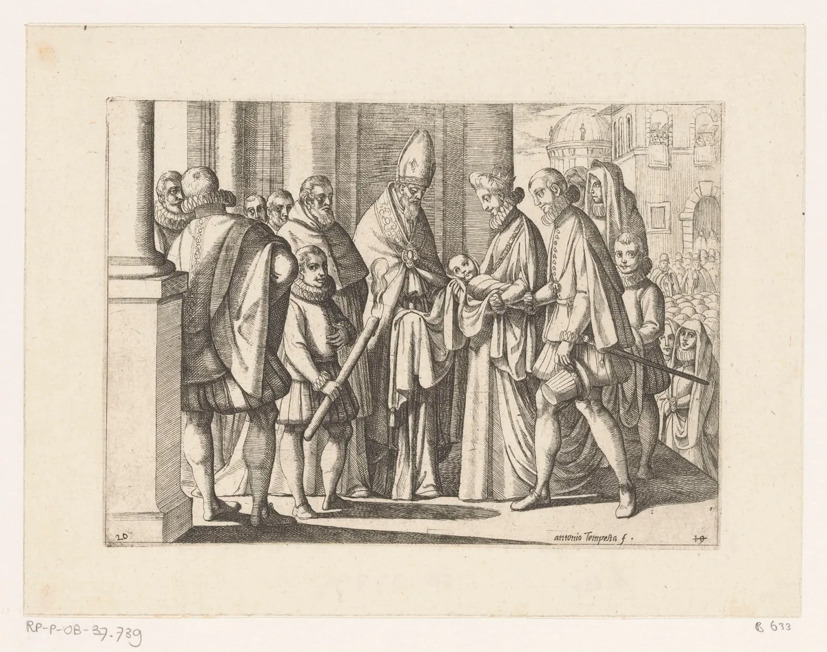 Filips III van Spanje en Margaretha van Oostenrijk presenteren hun kind aan de Madonna van Valladolid by Unknown, print, 1565-1630