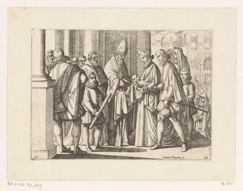 Filips III van Spanje en Margaretha van Oostenrijk presenteren hun kind aan de Madonna van Valladolid by Unknown, print, 1565-1630