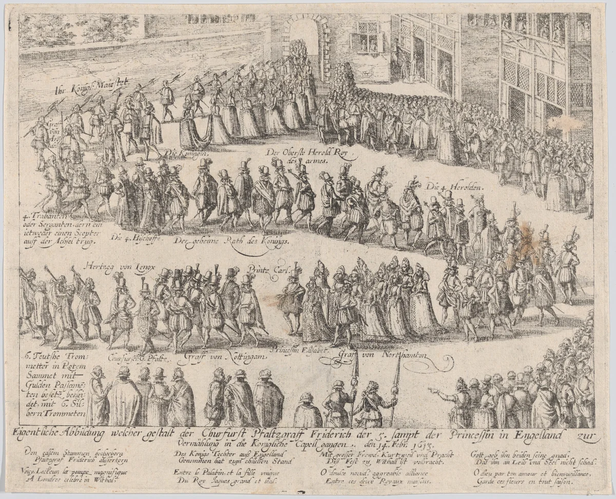 Marriage procession for the wedding of Elizabeth Stuart, daughter of James I, and Frederick V, Elector Palatine, 14 February, 1613 by Abraham Hogenberg, print, 1613