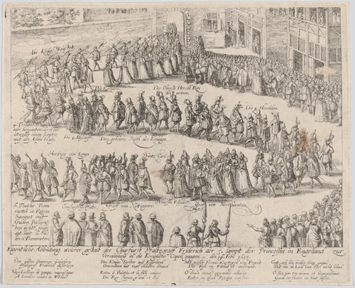 Marriage procession for the wedding of Elizabeth Stuart, daughter of James I, and Frederick V, Elector Palatine, 14 February, 1613 by Abraham Hogenberg, print, 1613