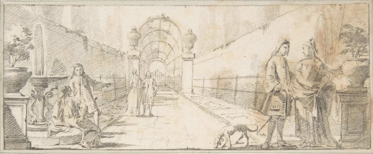 Illustration for a Book: Figures in Conversation in a Garden by Giovanni Battista Tiepolo, drawing, 1696-1770