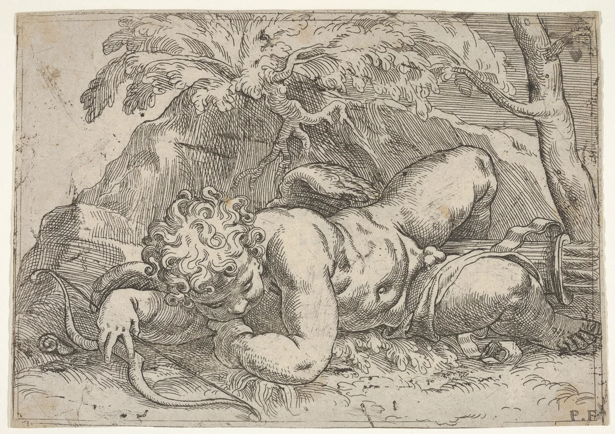 Sleeping Cupid by Paolo Farinati, print, 1560-1606