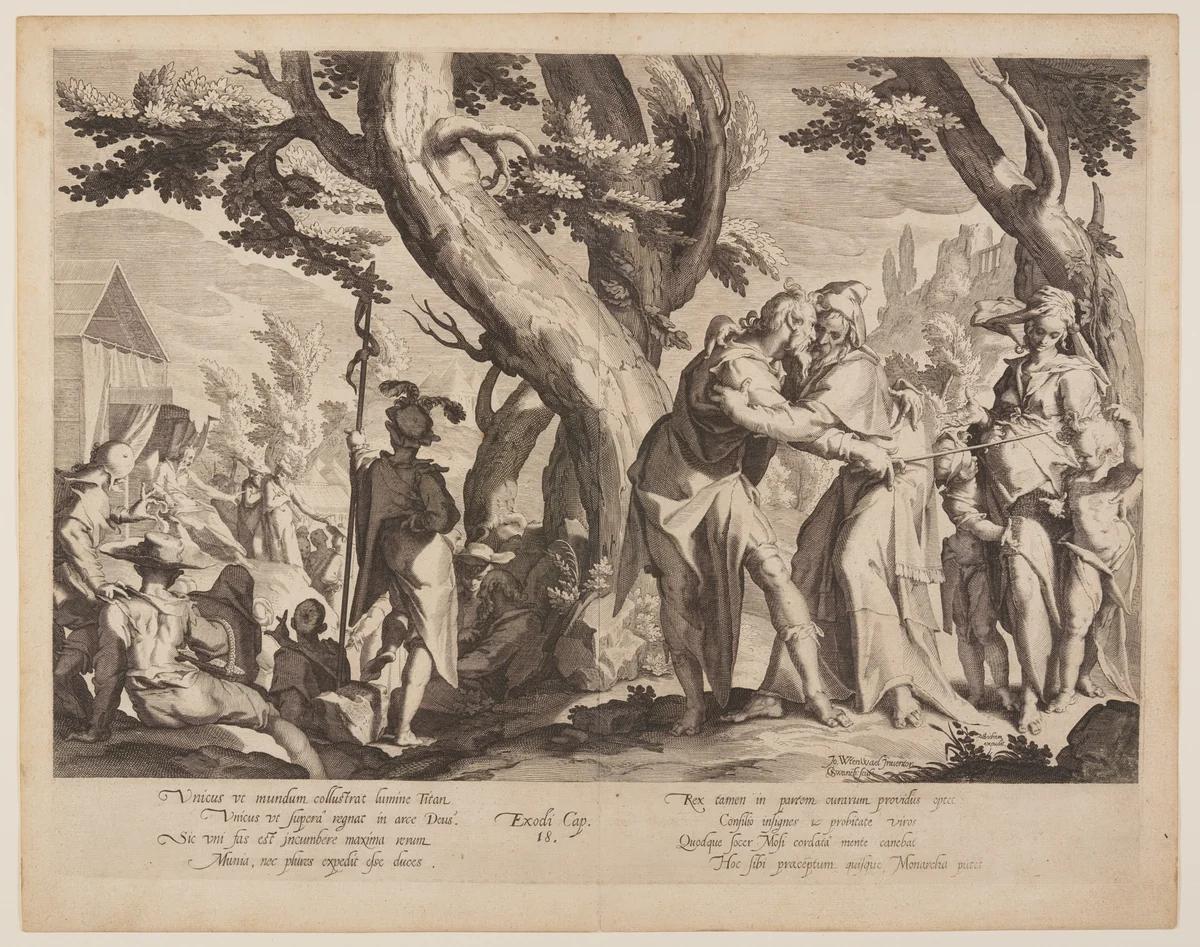 Meeting of Moses and Jethro, plate 1 from Thrones of Justice (Thronus Iustitiae) by Willem van Swanenburgh, print, 1606
