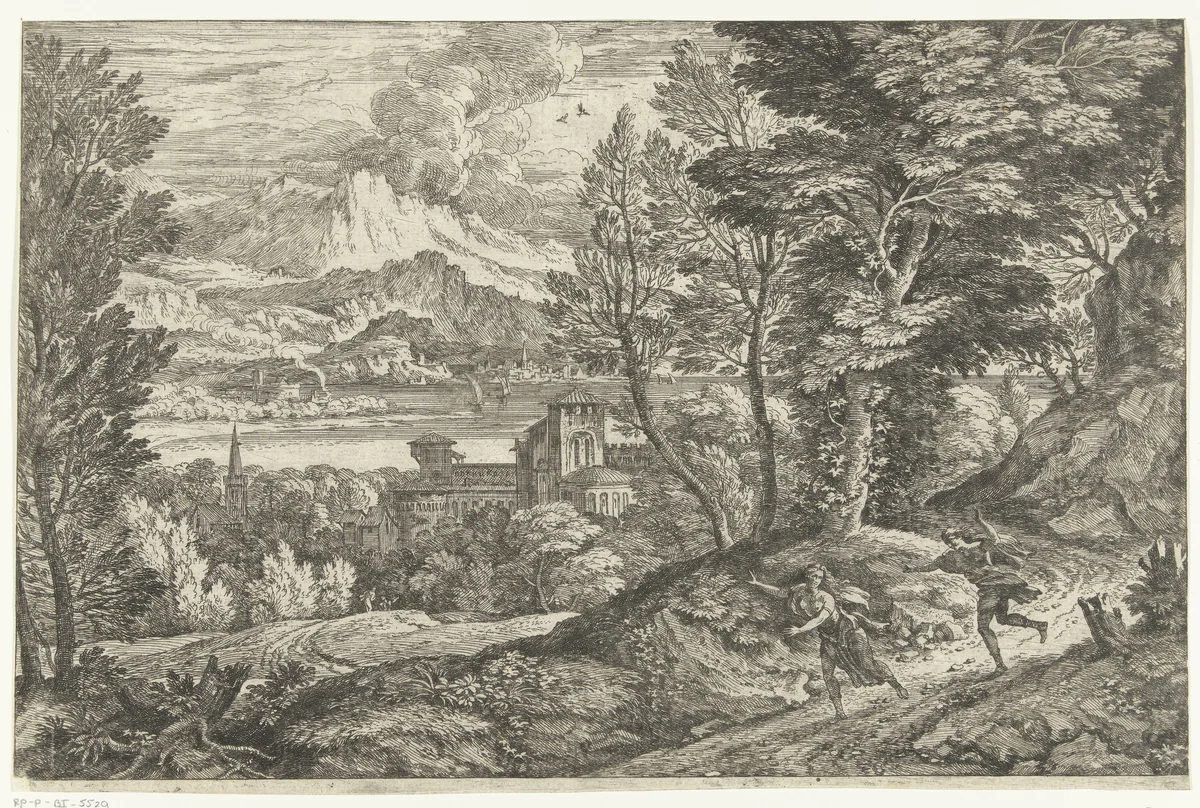 Vrouw achterna gezeten door jongeman by Adriaen van der Kabel, print, 1648-1705