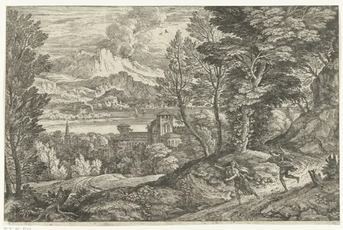 Vrouw achterna gezeten door jongeman by Adriaen van der Kabel, print, 1648-1705