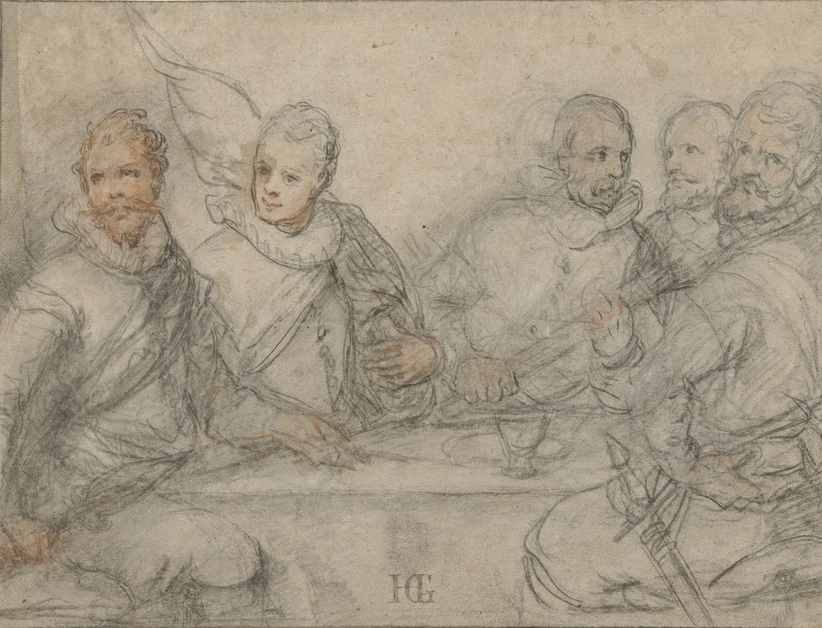 Vijf officieren, studie voor een schuttersmaaltijd. by Hendrick Goltzius, drawing, 1595-1605
