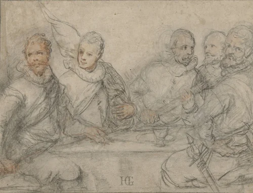 Vijf officieren, studie voor een schuttersmaaltijd. by Hendrick Goltzius, drawing, 1595-1605