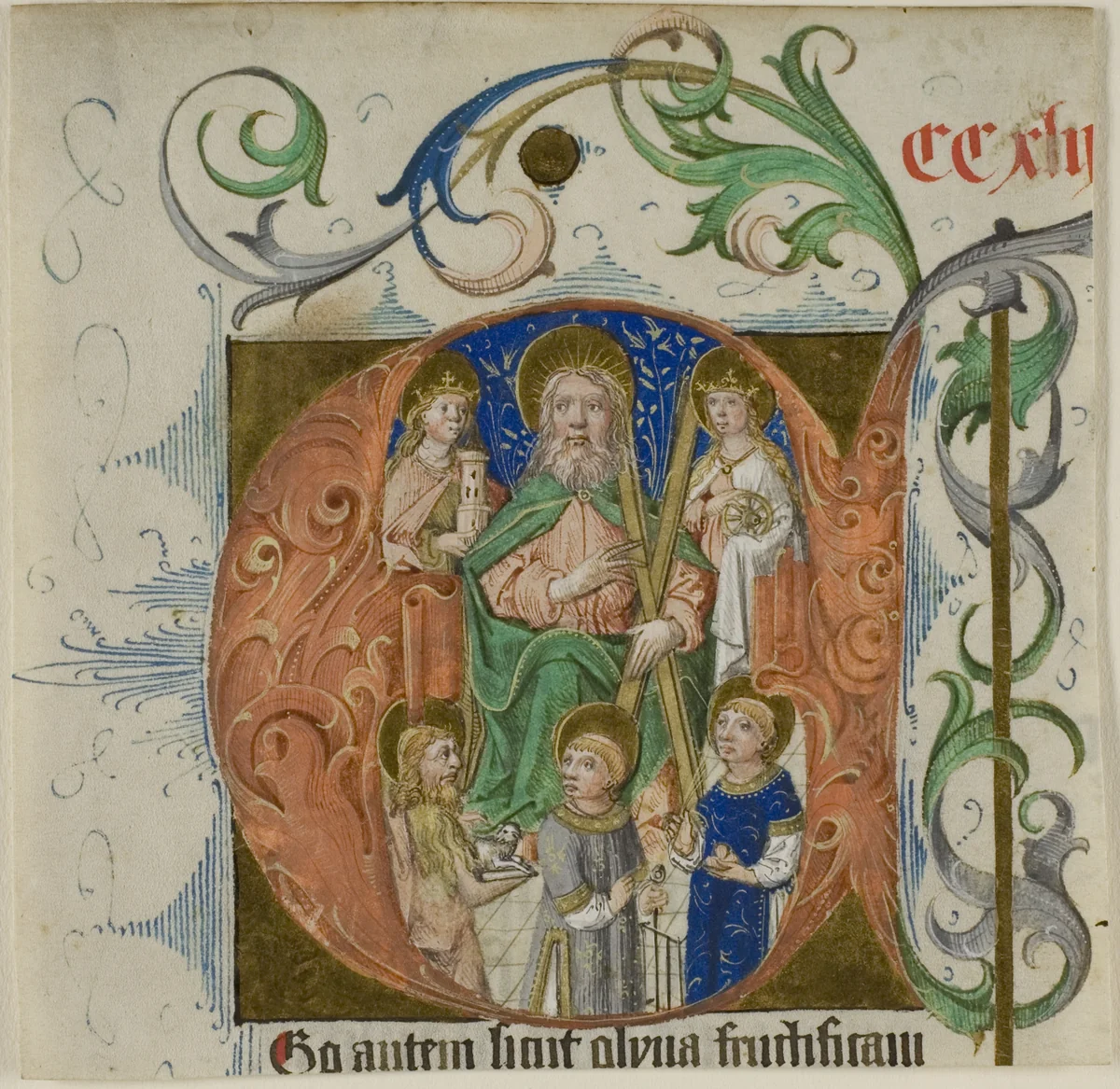 Saints Barbara, Catherine, Andrew, John the Baptist, Lawrence and Thomas à Beckett in a Historiated Initial "E" from a Missal or Breviary by German, painting, 1460-1470