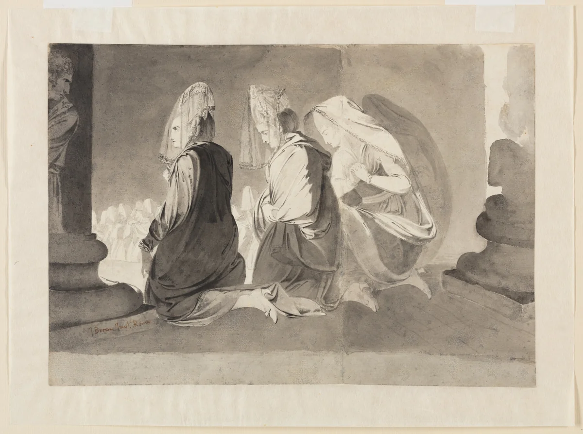 Three Kneeling Women by John Brown, drawing, 1770-1775