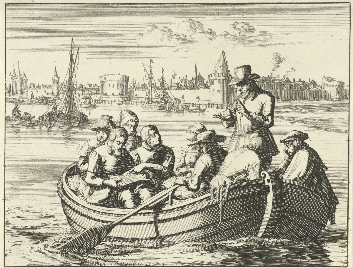 Pieter Pietersz. Bekjen predikt aan acht personen in een roeibootje op de Amstel, 1568 by Jan Luyken, print, 1693