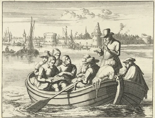 Pieter Pietersz. Bekjen predikt aan acht personen in een roeibootje op de Amstel, 1568 by Jan Luyken, print, 1693
