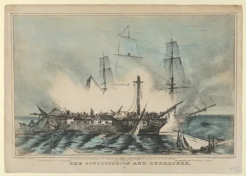 The Constitution and Guerriere–Fought August 19th, 1812–The The Guerriere had 15 men killed and 63 wounded–The Constitution had 7 men killed and 7 wounded by Nathaniel Currier, print, 1848