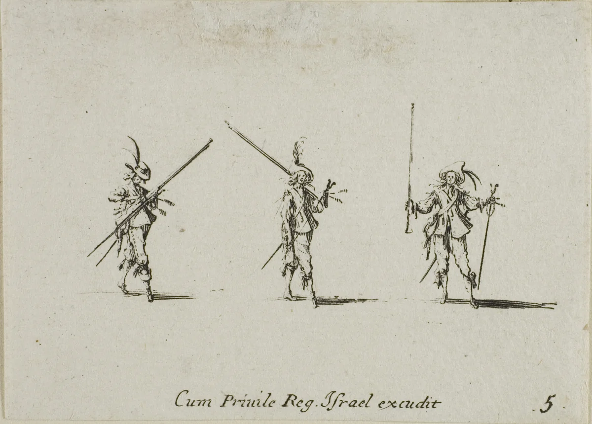 Drill with Tilted Pikes, plate five from The Military Exercises by Jacques Callot, print, 1635