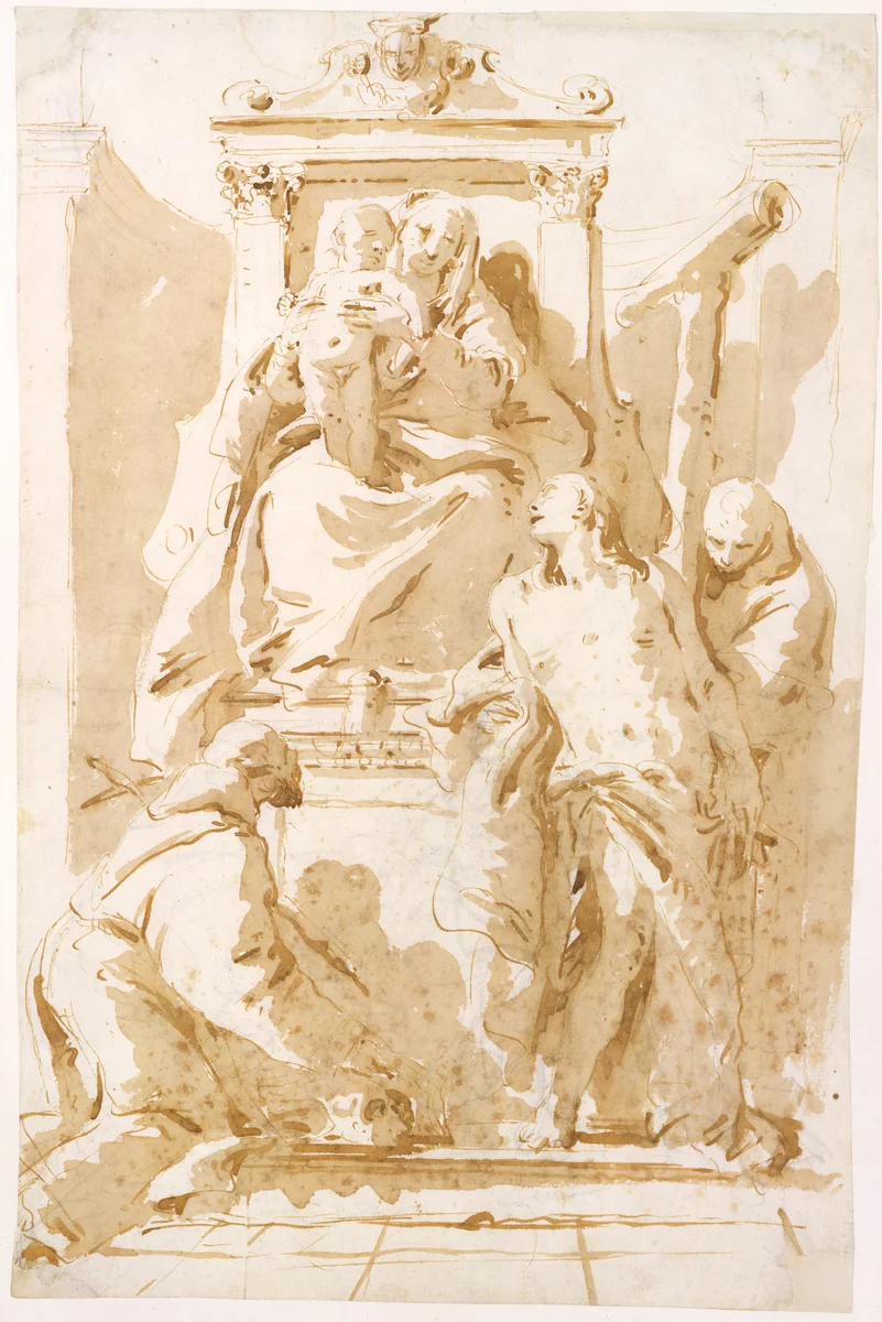 Virgin and Child with Saint John of the Cross (?), Saint Sebastian, and Saint Peter of Alcantara by Giovanni Battista Tiepolo, drawing, 1728-1738