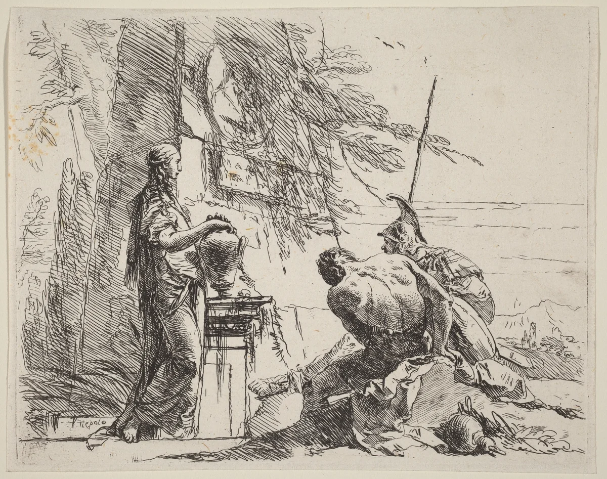 Standing Woman and Seated Men before an Obelisk by Giovanni Battista Tiepolo, print, 1785