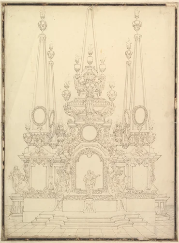Elevation of a Catafalque: Four Large Obelisks at the Corners with Large one Surmounting the Top by Giuseppe Galli Bibiena, drawing, 1720-1740