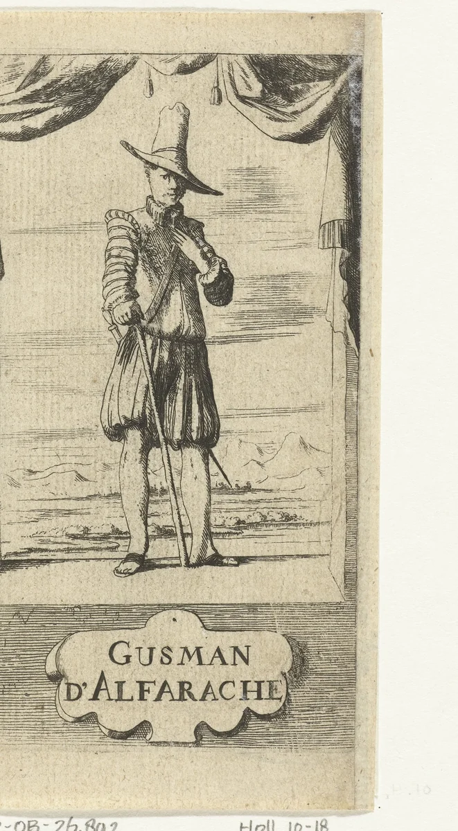 Gusman d'Alfarache op podium voor landschap by Jan de Bray, print, 1655-1697