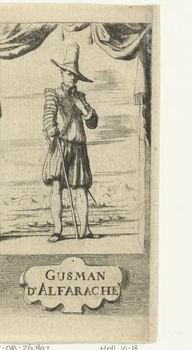 Gusman d'Alfarache op podium voor landschap by Jan de Bray, print, 1655-1697