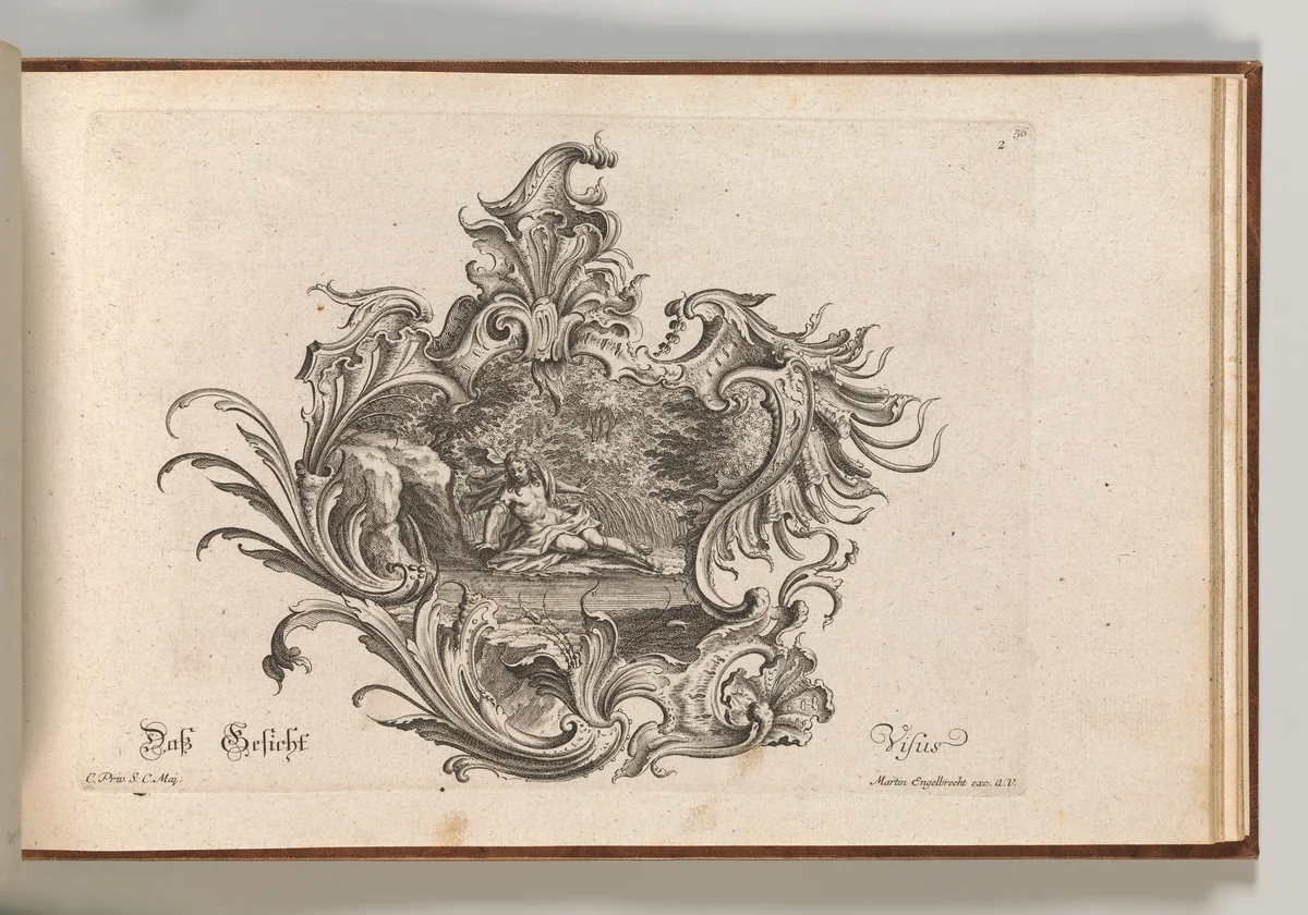 Design for a Cartouche and Representation of 'Sight', Plate 2 from 'Neu Inventierte auf die artigste Facon Sehr nutzliche Schild.' by Johann Georg Pintz, book, 1750-1756