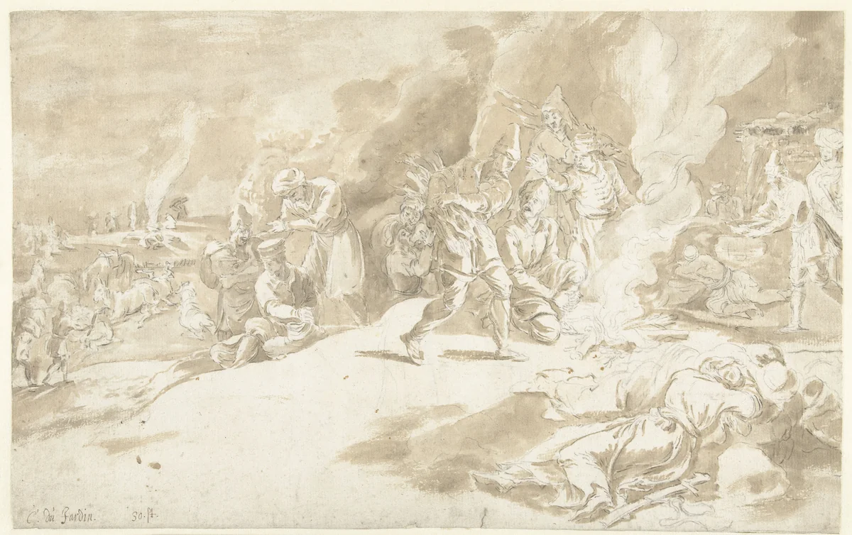 Turkish Soldiers around a Camp Fire by Guilliam du Gardijn, drawing, 1605-1647