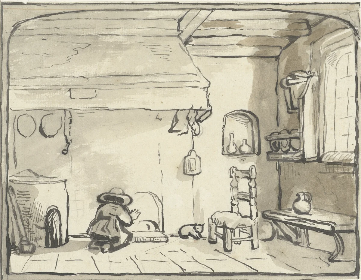 Keukeninterieur met knielend figuurtje bij de schouw by anonymous, drawing, 1637-1678