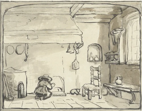 Keukeninterieur met knielend figuurtje bij de schouw by anonymous, drawing, 1637-1678