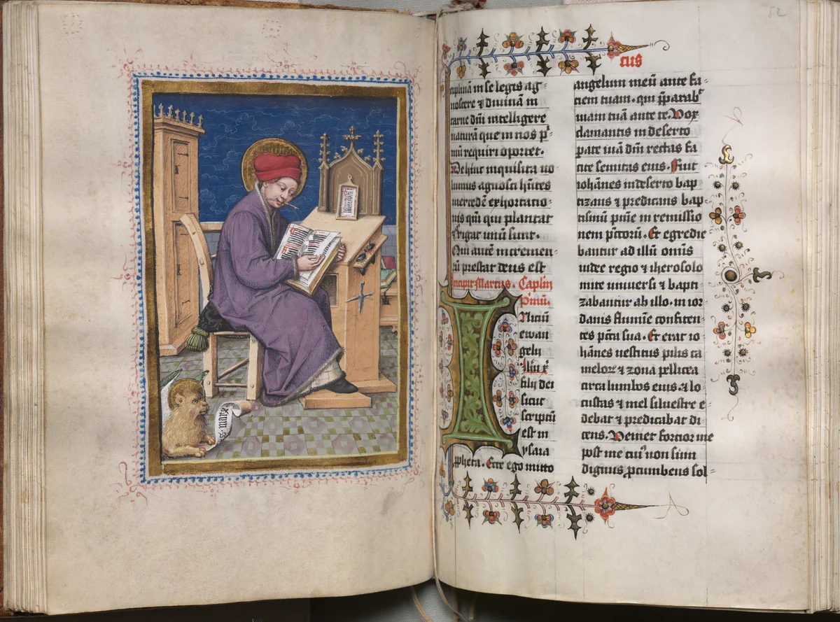 Gospel Book with Evangelist Portraits: Decorated Initial by Master of the House-Book, book, 1475-1485