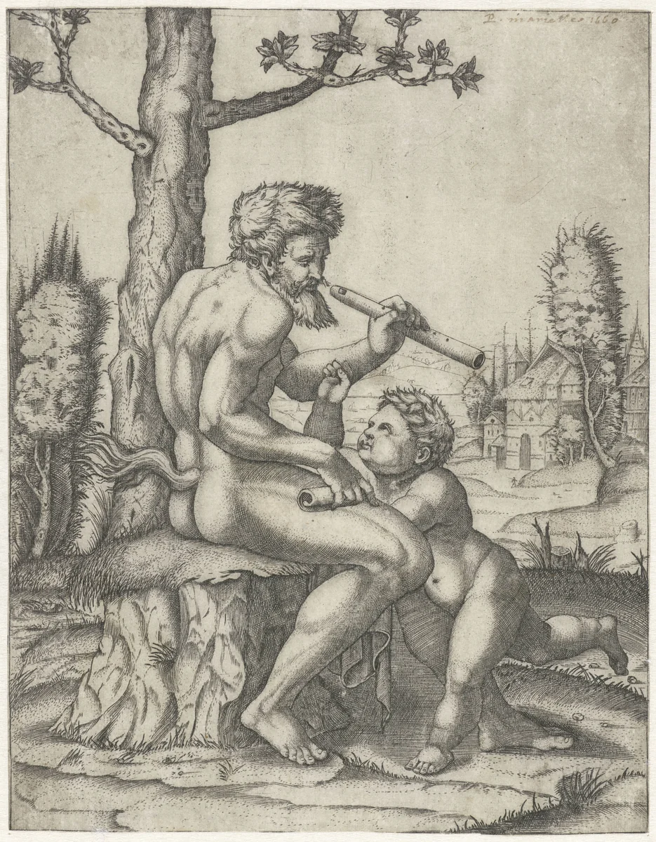 Faun met fluit speelt met kind by Marcantonio Raimondi, print, 1507-1511