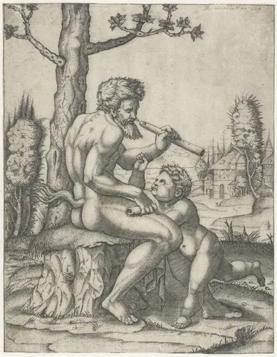 Faun met fluit speelt met kind by Marcantonio Raimondi, print, 1507-1511
