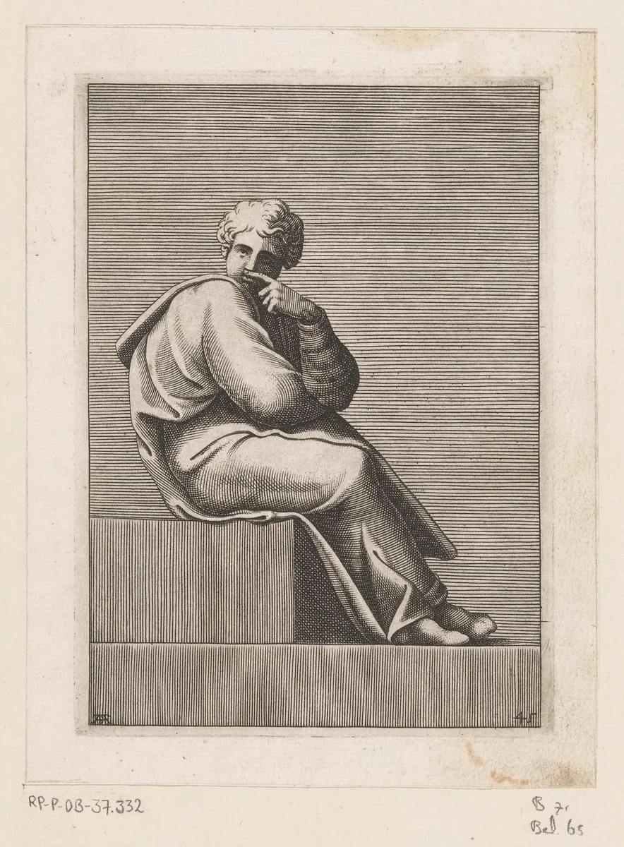 Zittende jongeman by Unknown, print, 1585