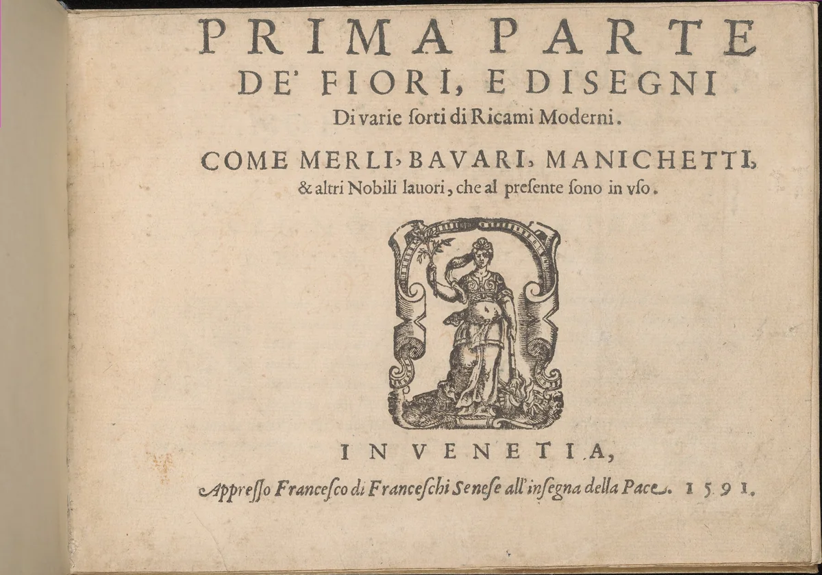 Prima Parte de' Fiori, e Disegni di varie sorti di Ricami Moderni, title page (recto) by Giovanni Battista Ciotti, book, 1591