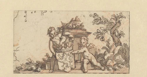 Ontwerp voor een vignet met twee putti met het wapenschild van Holland by Gerard de Lairesse, print, 1668-1670
