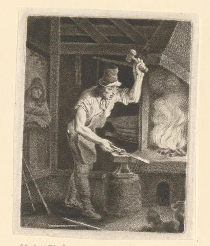 Smid in zijn werkplaats by Thomas Worlidge, print, 1710-1766