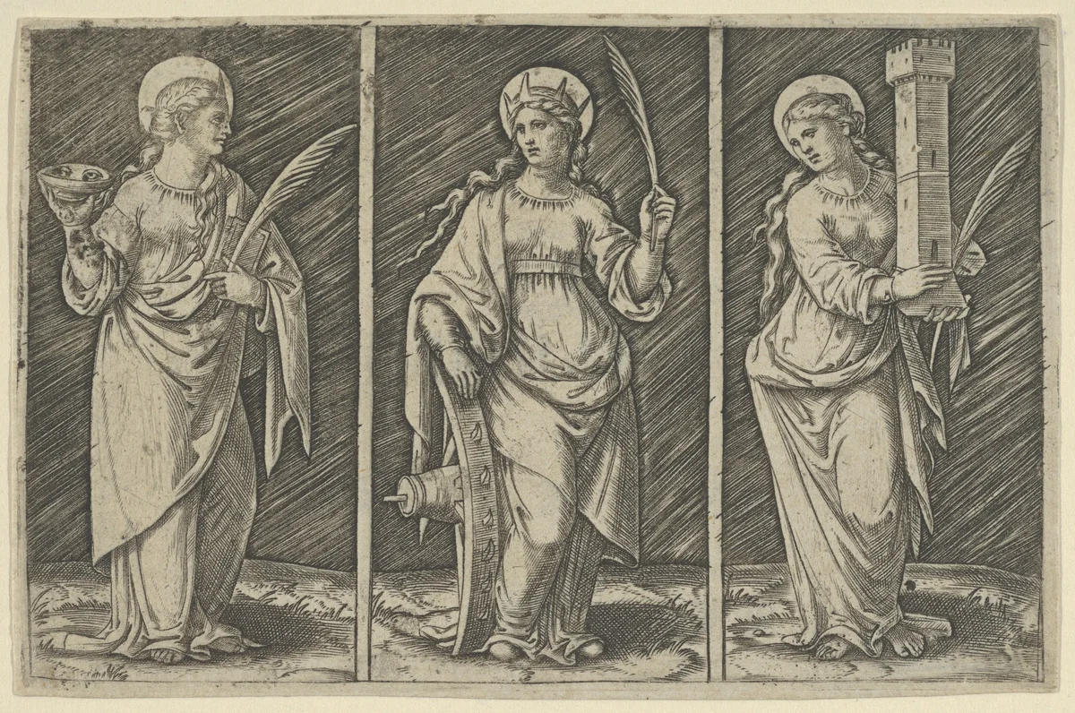 Saint Barbara (left), Saint Catherine, (center), Saint Lucy (right) by Marcantonio Raimondi, print, 1495-1532