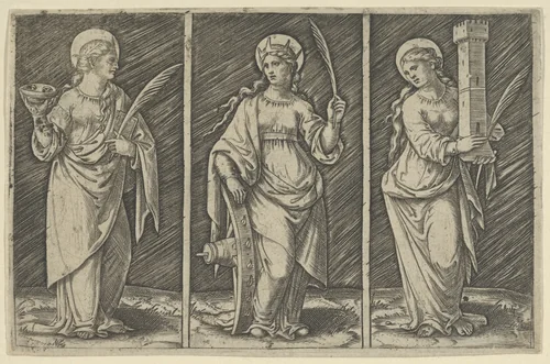 Saint Barbara (left), Saint Catherine, (center), Saint Lucy (right) by Marcantonio Raimondi, print, 1495-1532