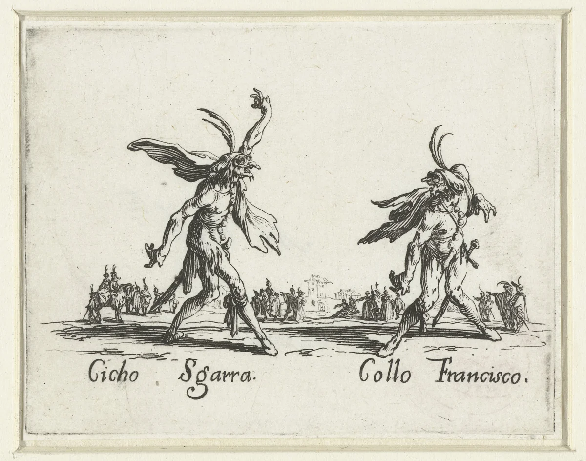 Twee straatartiesten als Cicho Sgarra en Collo Francisco by Jacques Callot, print, 1621-1622