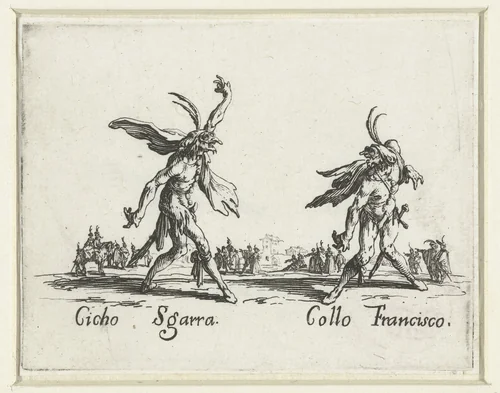 Twee straatartiesten als Cicho Sgarra en Collo Francisco by Jacques Callot, print, 1621-1622
