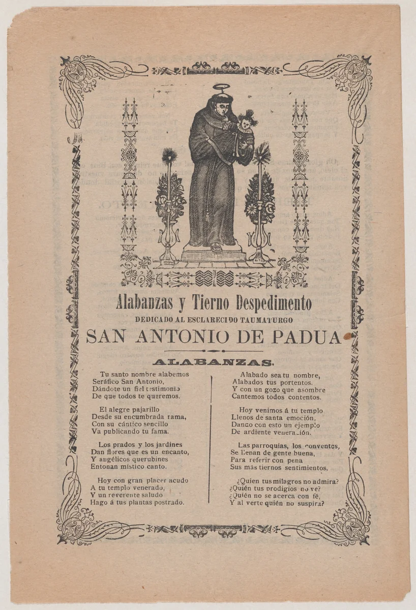 Broadsheet relating to Saint Anthony of Padua who is shown holding the Christ child flanked by a candelabra with flowers by José Guadalupe Posada, print, 1895-1905