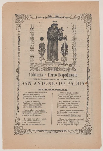 Broadsheet relating to Saint Anthony of Padua who is shown holding the Christ child flanked by a candelabra with flowers by José Guadalupe Posada, print, 1895-1905