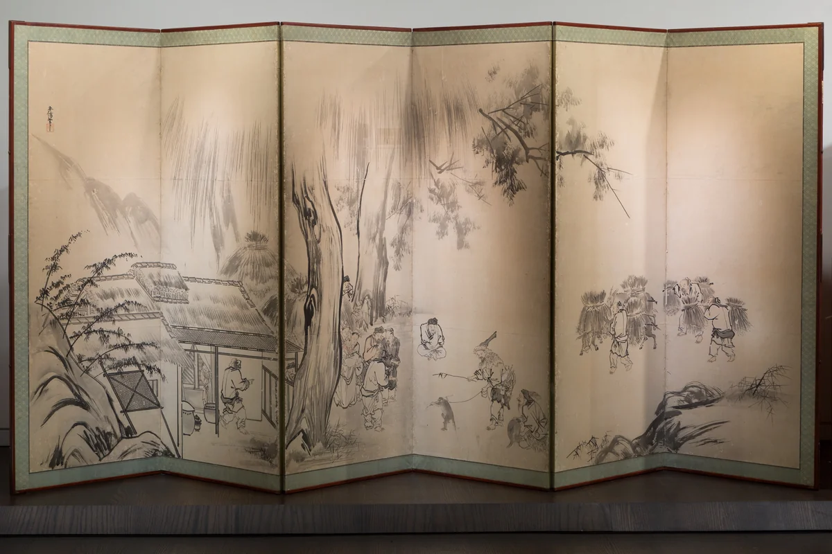 Monkey Trainers and Scenes of Chinese Life (耕作図屏風) by Kano Yasunobu (狩野安信), other, 1601-1700