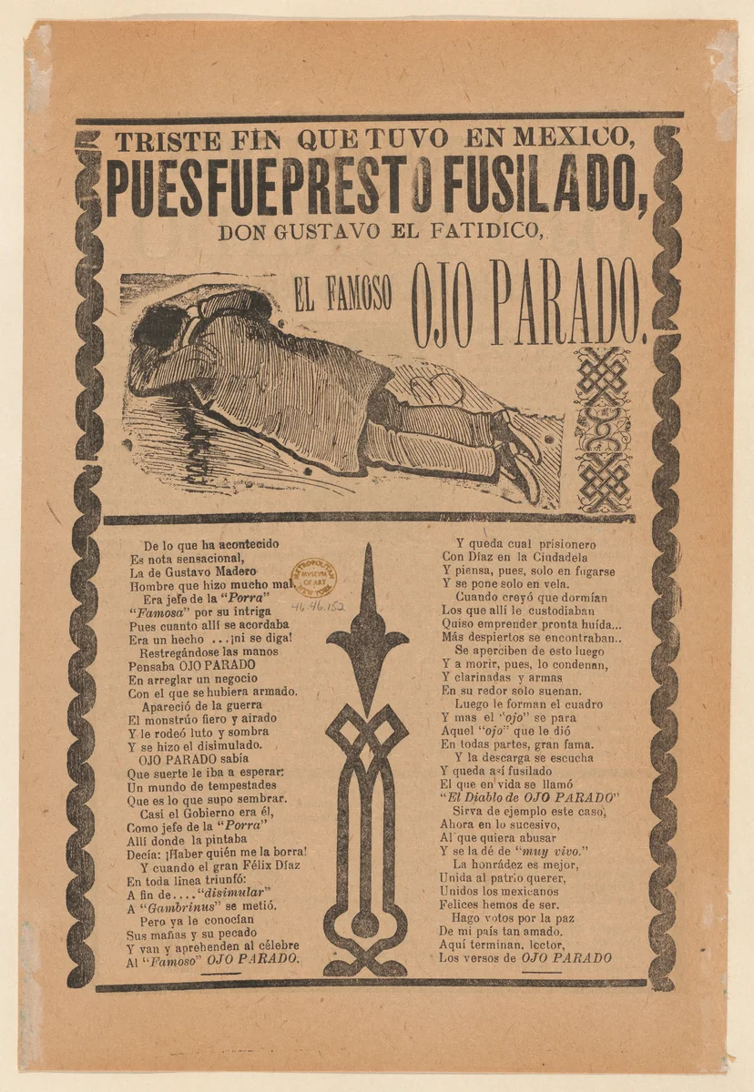 Broadsheet relating to the execution of a prophet named Don Gustavo, man lying face down by José Guadalupe Posada, print, 1908-1918