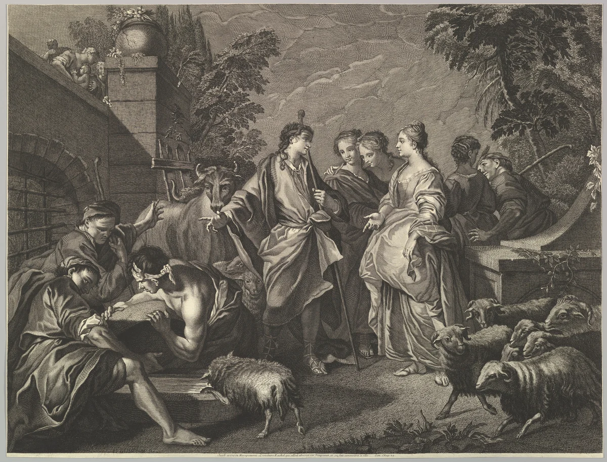 Jacob arrives in Mesopotamia by anonymous, print, 1720-1800