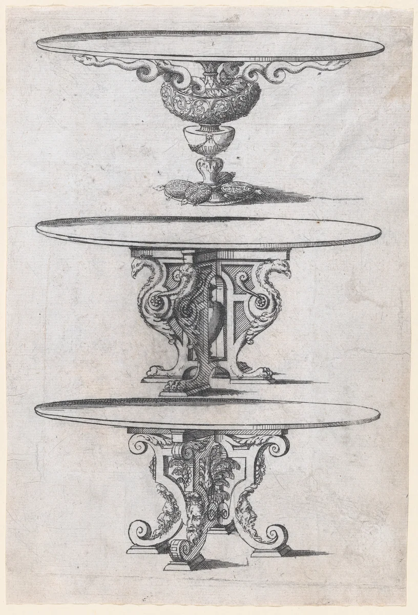 Three Round Table Designs by Jacques Androuet du Cerceau, print, 1565-1570