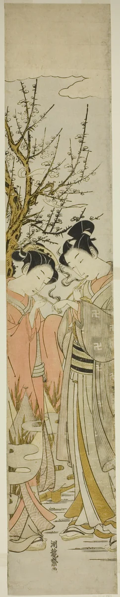 Couple Lighting Pipes Under a Plum Tree by Isoda Koryusai, print, 1767-1777