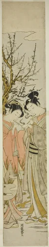 Couple Lighting Pipes Under a Plum Tree by Isoda Koryusai, print, 1767-1777