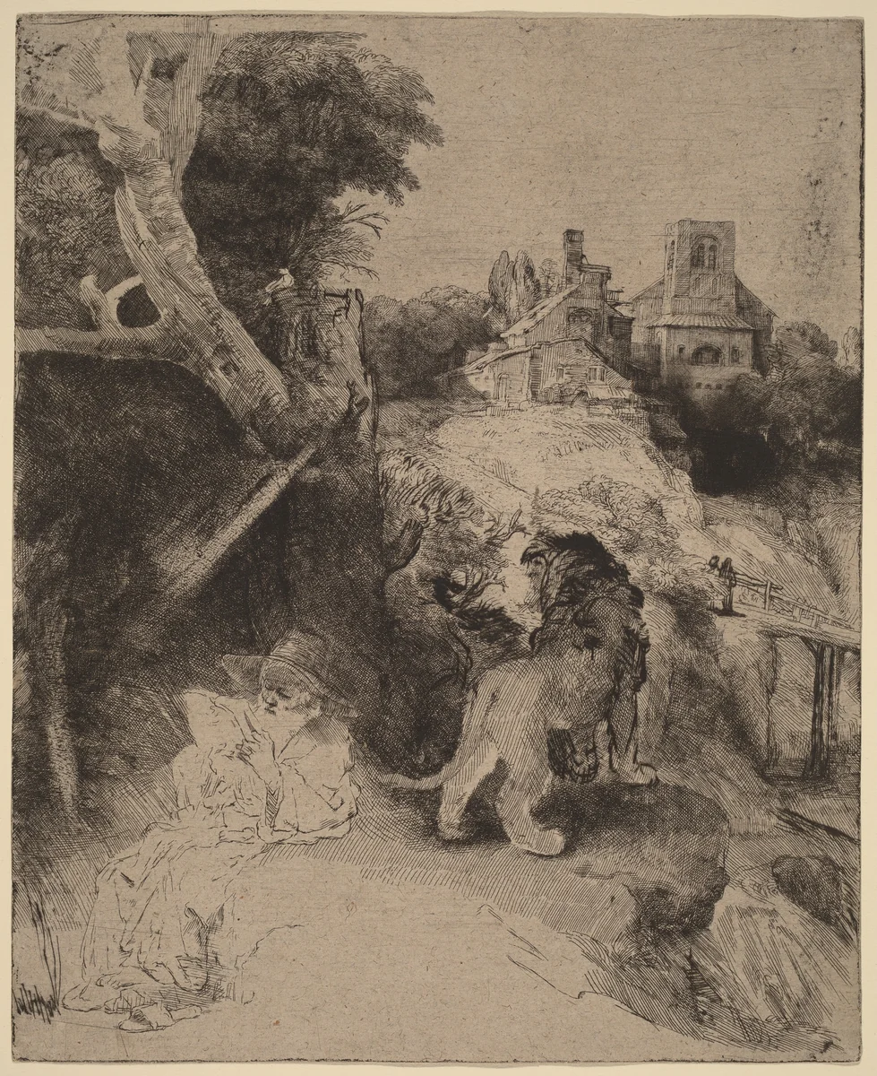 Saint Jerome Reading in an Italian Landscape by Rembrandt van Rijn, print, 1653